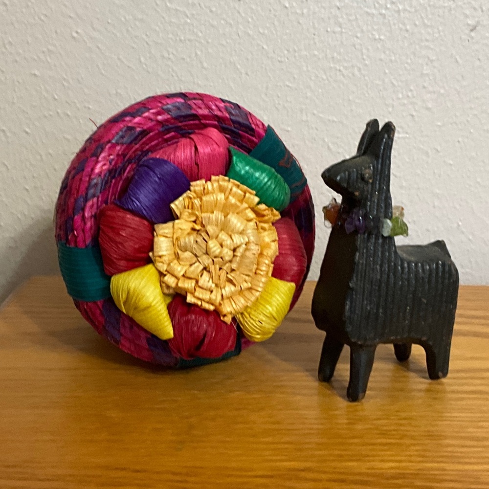 Colorful Woven Basket with solid metal Llama Figurine